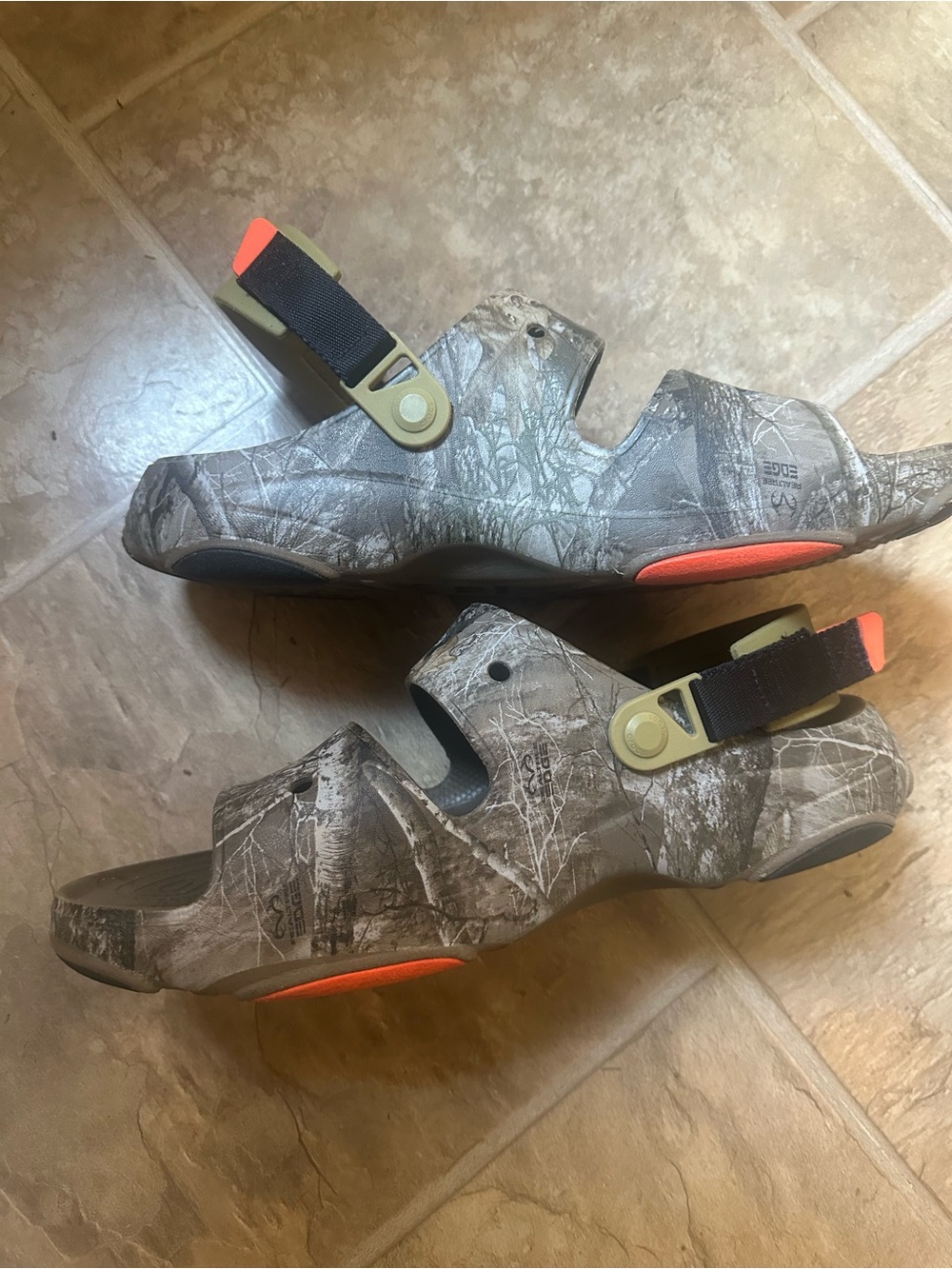 CROCS realtree size 13 Sandal with Camo Print and Bright Orange Accents